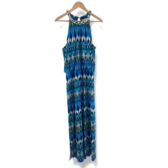 Dressbarn Blue Ikat Print Gold Chain Halter Neck Blouson Maxi Dress Sz 16 Summer - Picture 9 of 9